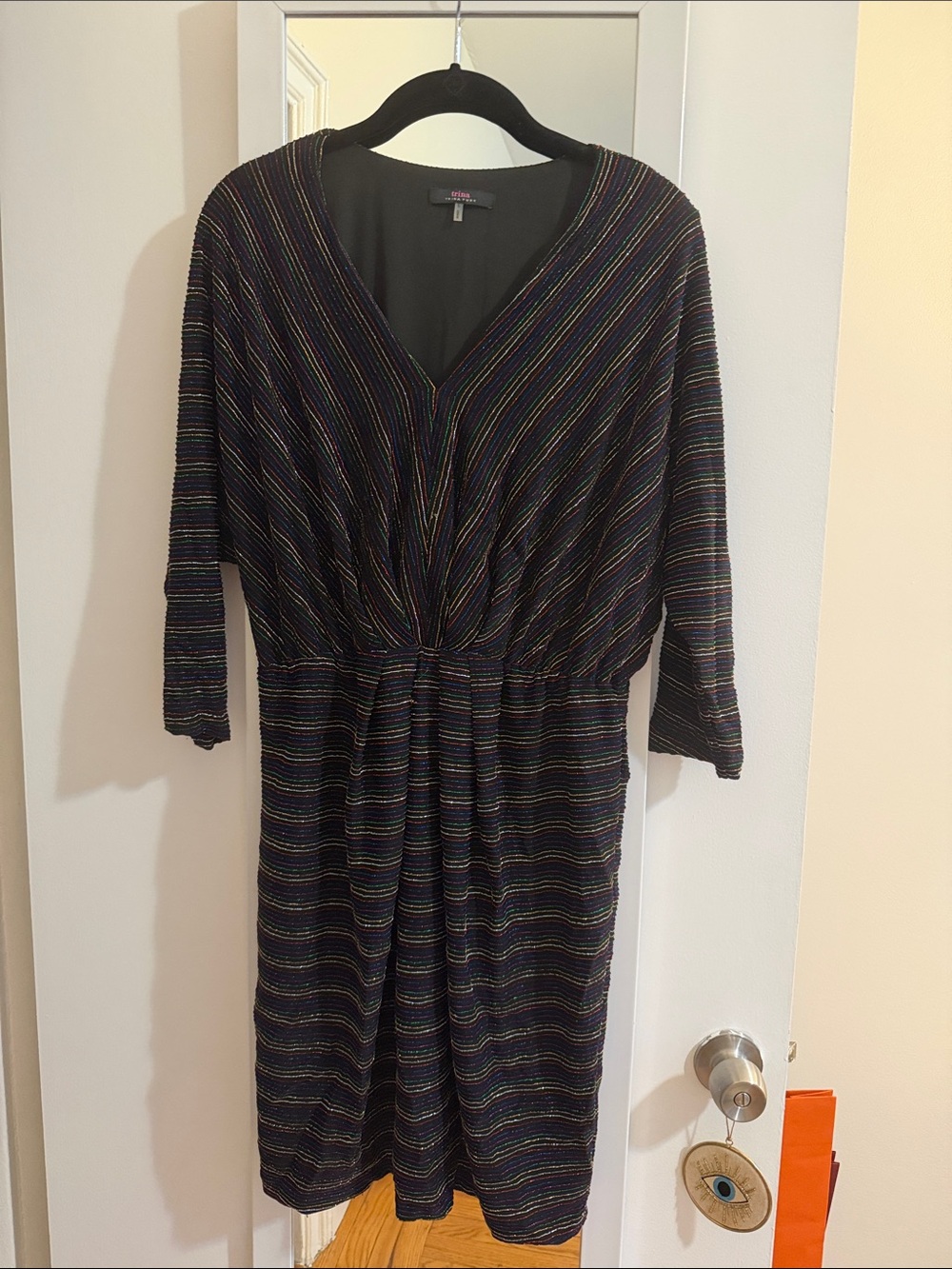 Trina Turk Black V-Neck Midi Dress with Multicolor Metallic Stripe Detail